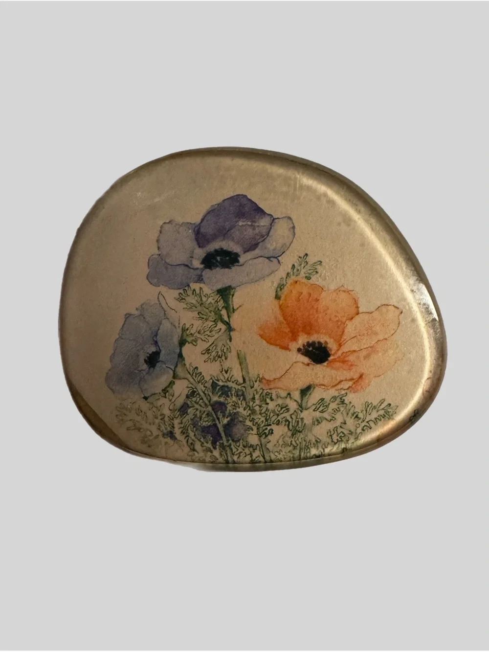 Vintage Eyeglass Lens Brooch Reverse Painted Flower Pin Cottagecore Folk Art EUC